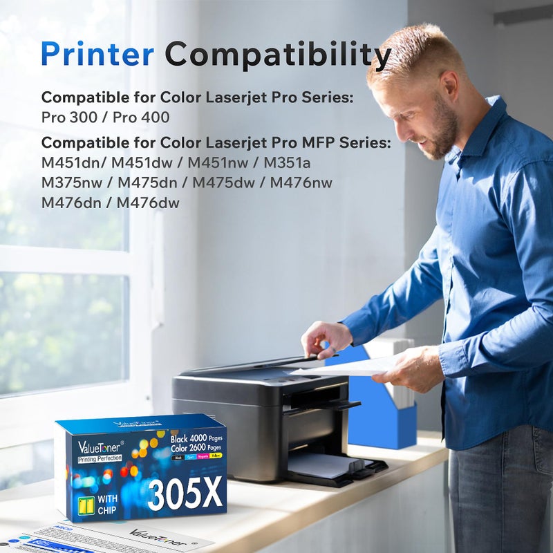 Valuetoner Remanufactured Toner Cartridge Replacement for HP 305A 305X CE410A CE410X CE411A CE412A CE413A for LaserJet Pro 400 M451dn M451nw M475dn M475dw M451dw M375nw (Black, Cyan, Magenta, Yellow) - Image 2